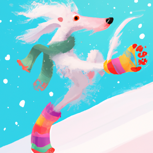 כלב לובש גרביים צבעוניים מתרוצץ בשלג
